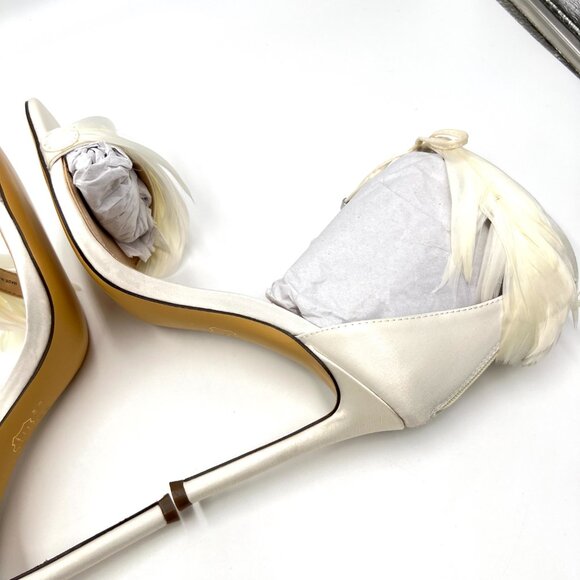Nina Womens 6 Ivory White Satin Feather Embellished Heels Dress Sandals Shoes - Picture 9 of 14